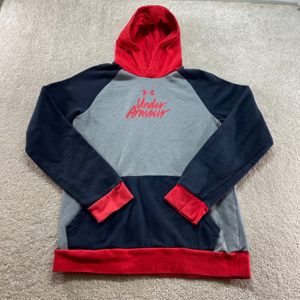 Under Armour Hoodie Youth Boys XL‎ Grey Navy Red Colorblock Logo Pullover